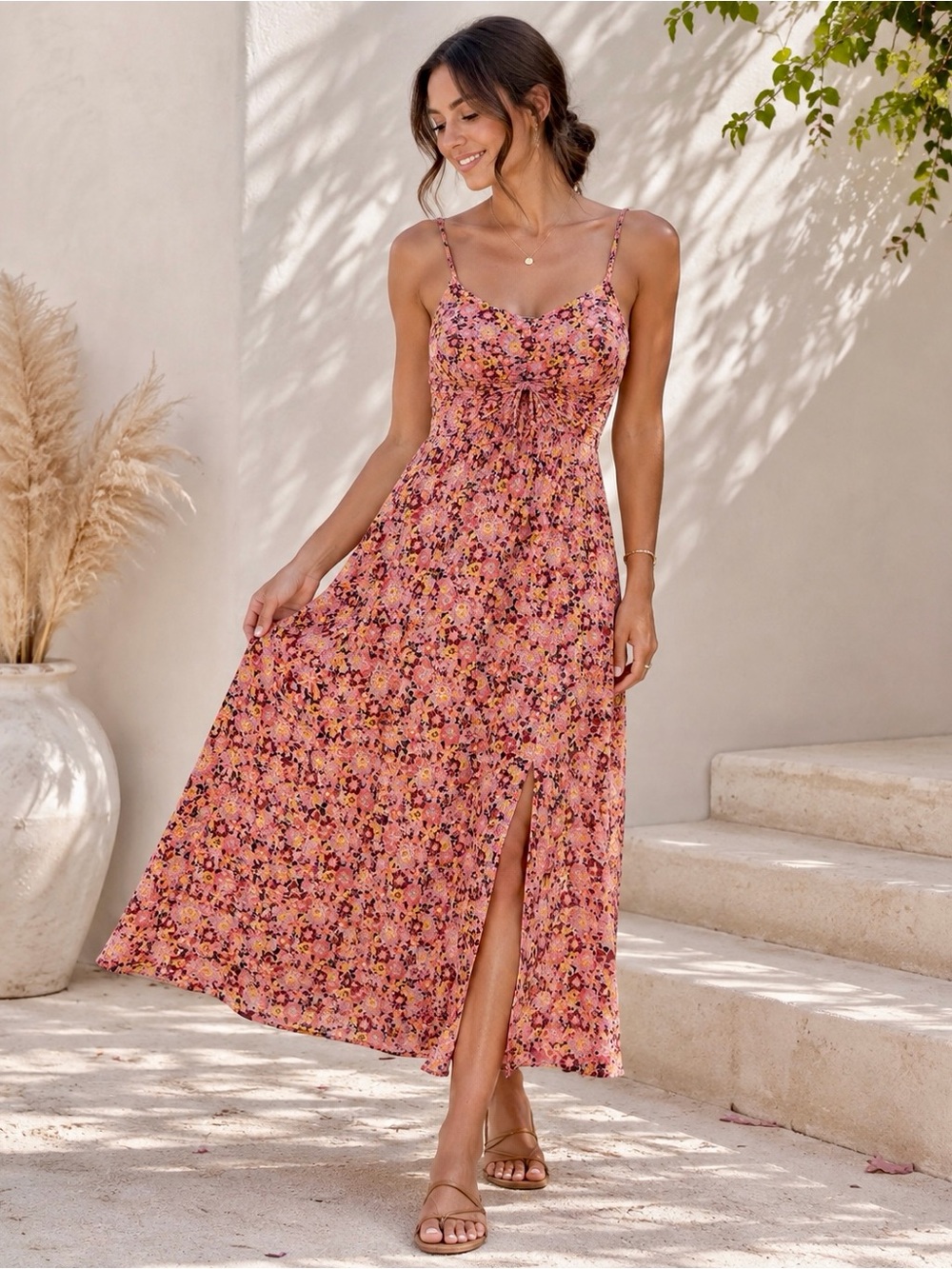 Pink Floral Boho Tie Front Slit Maxi Dress L - Picture 1 of 11
